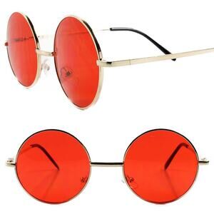 Kiss Red Lens Round Sunglasses Gold Wire Frame 70s Lennon Retro